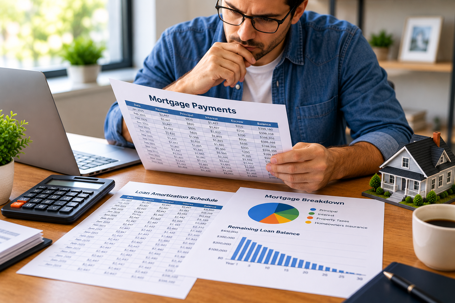A person reviewing a long mortgage amortization spreadsheet