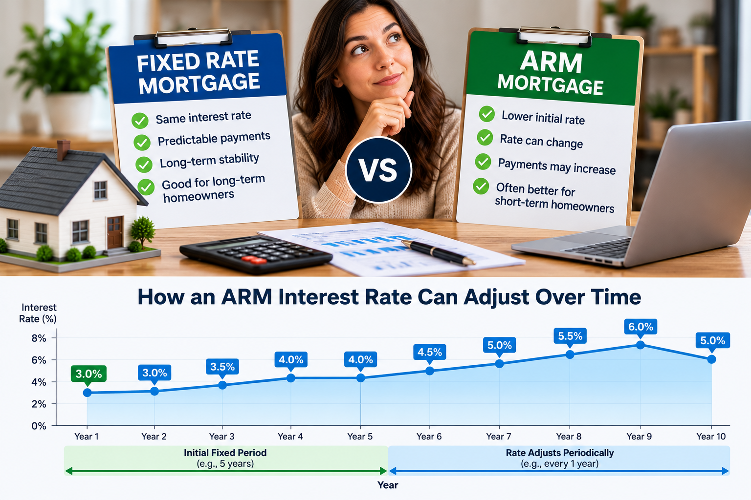 A graph showing how Adjustable-Rate Mortgage rates adjust over time compared to fixed rates