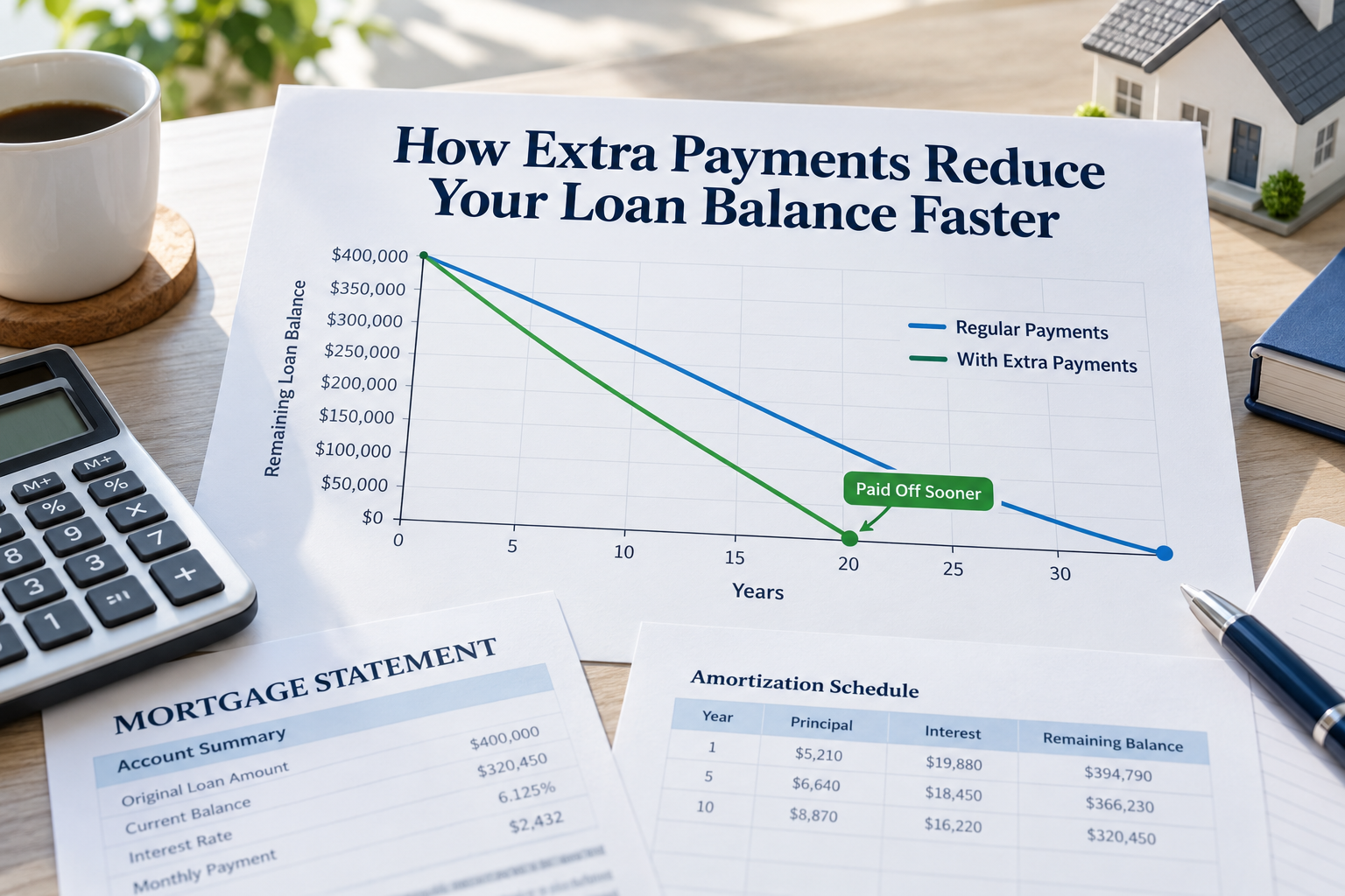 A comparison chart showing a 30-year loan paying off faster with bi-weekly payments