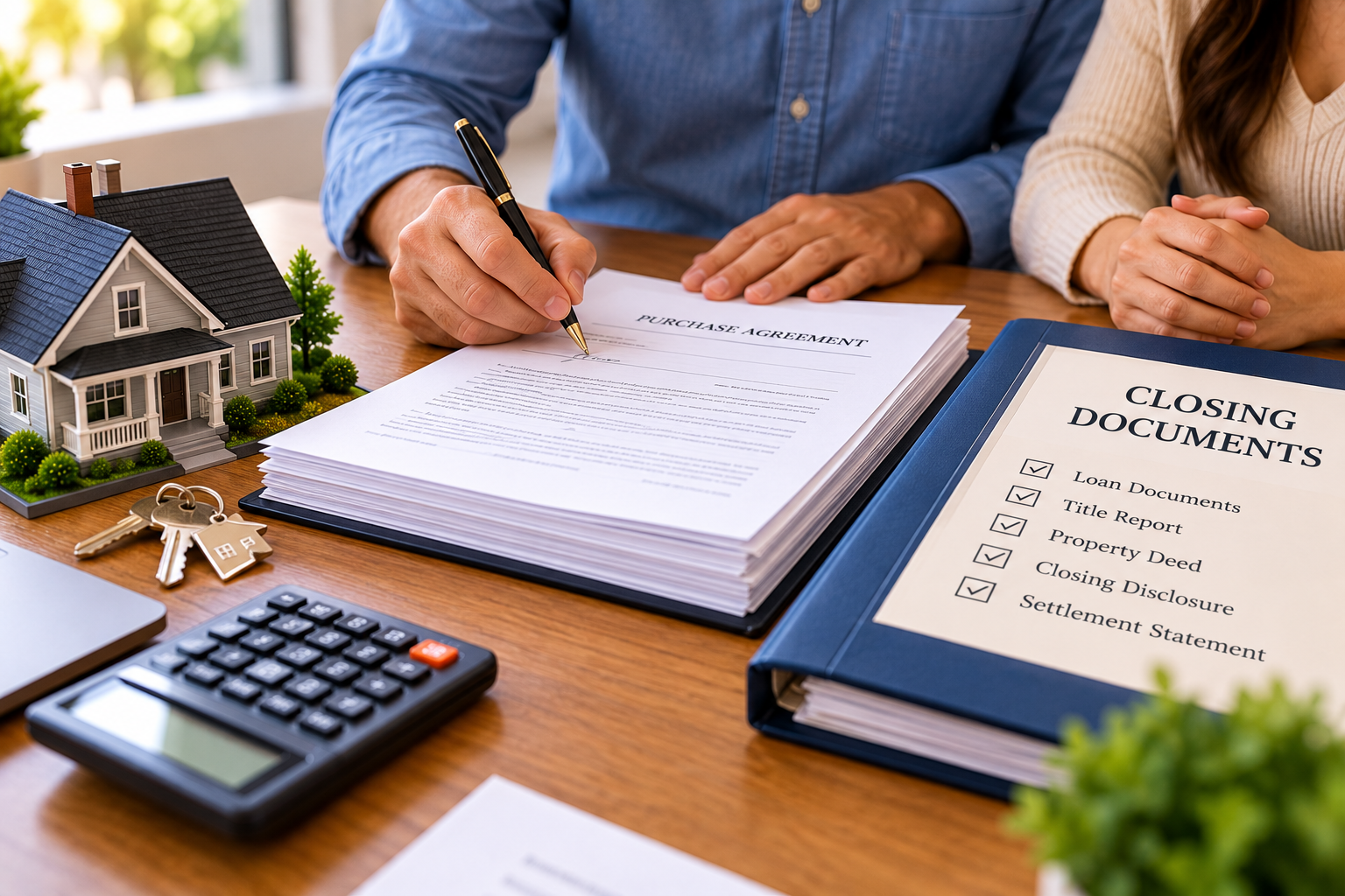 A person signing a thick stack of papers at a table to close on a house