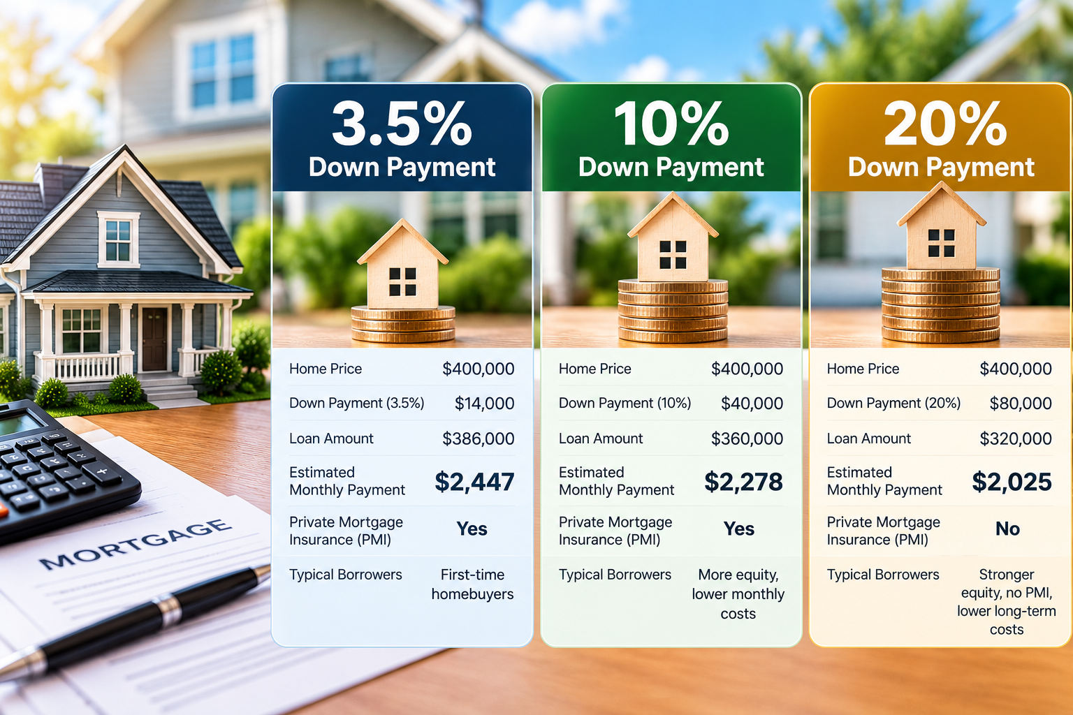 A chart showing the different down payment percentages like 3.5%, 5%, 10%, and 20%