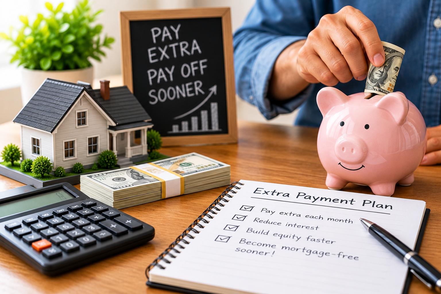 A person placing extra money into a piggy bank labeled Mortgage Principal