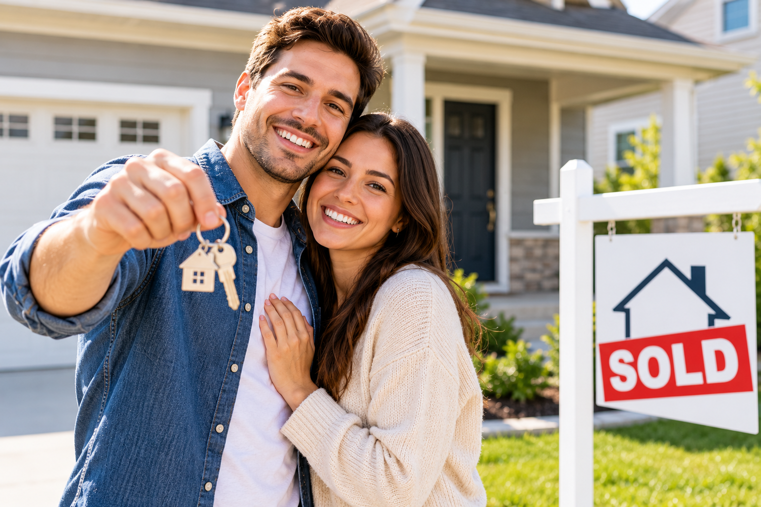 A happy couple holding the keys to their new home