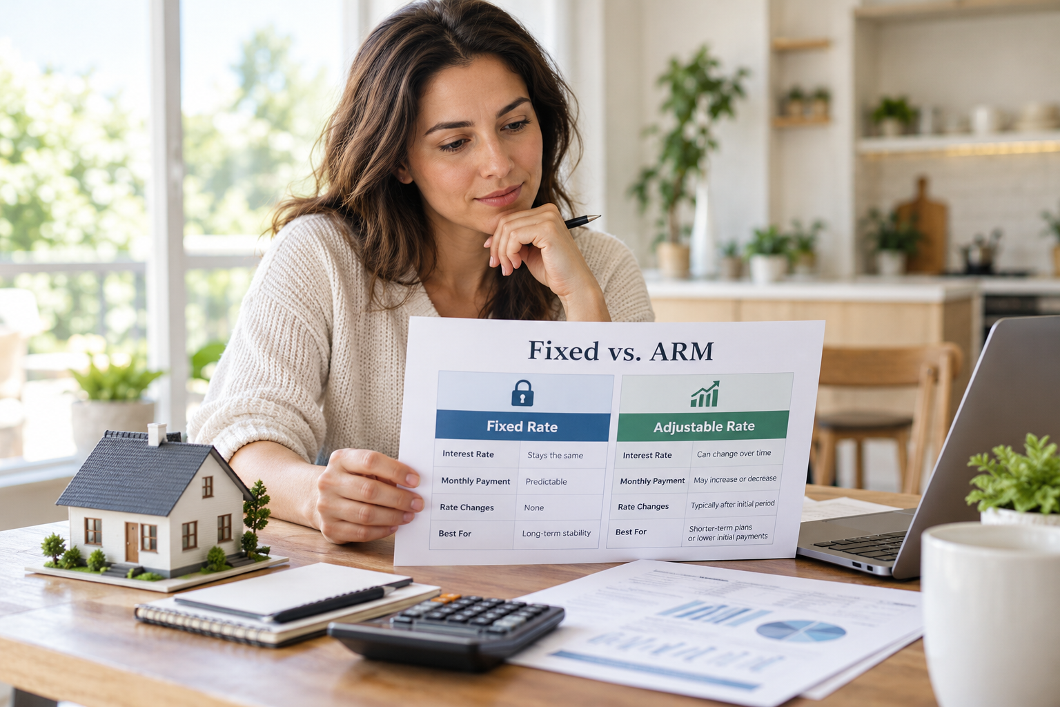 A person thinking about financial options with a house in the background