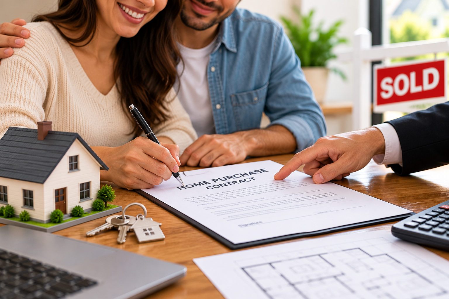 A hand signing a real estate contract with house keys on the table