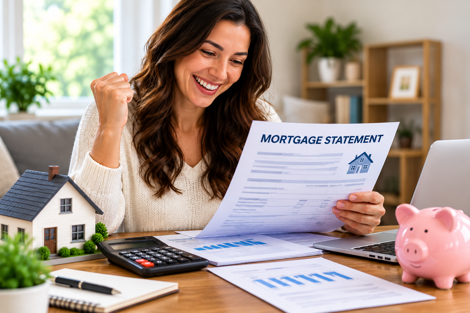 A person looking happily at a calculator and financial documents
