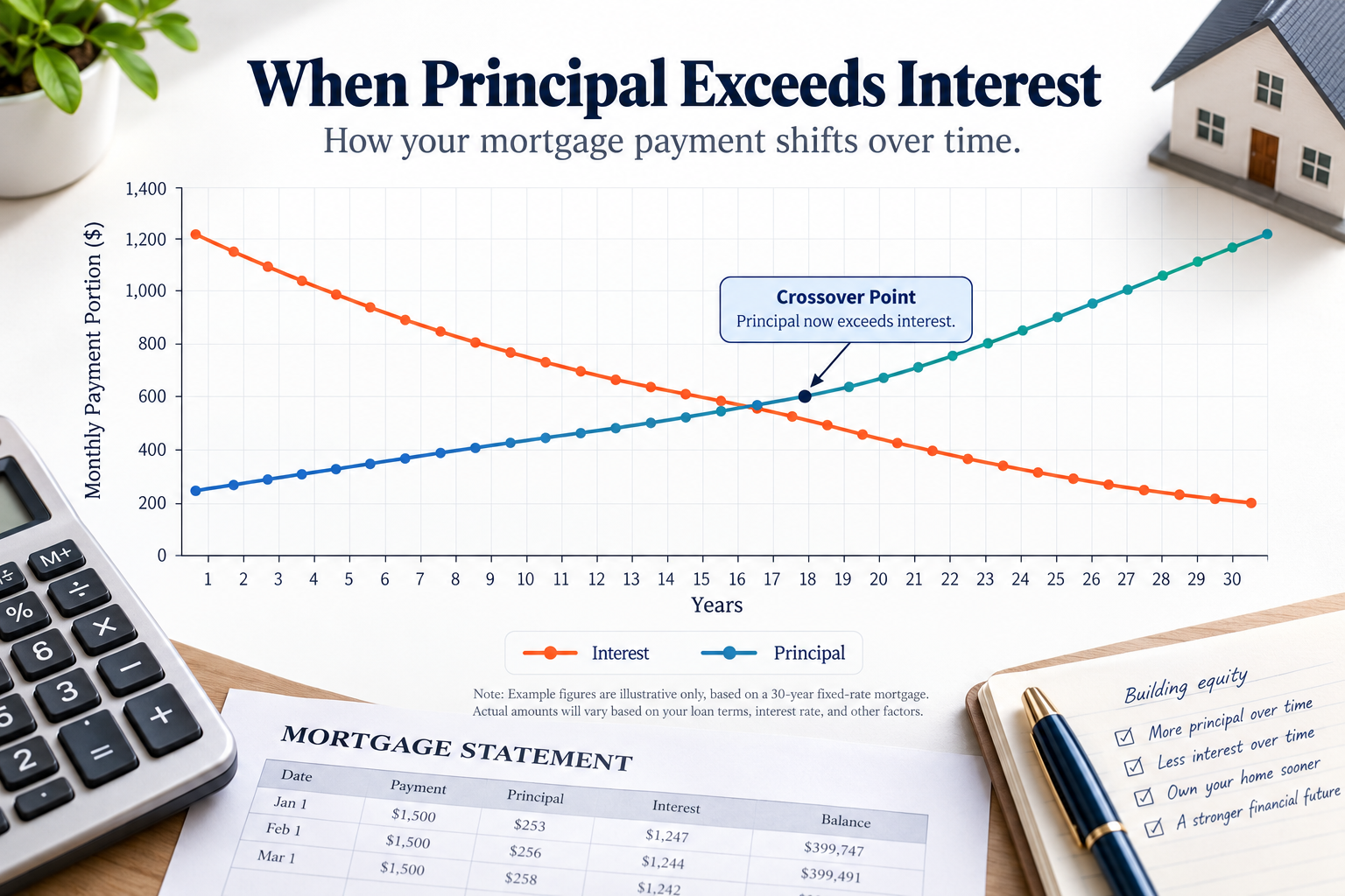 A graph showing the crossover point where principal paid exceeds interest paid over time