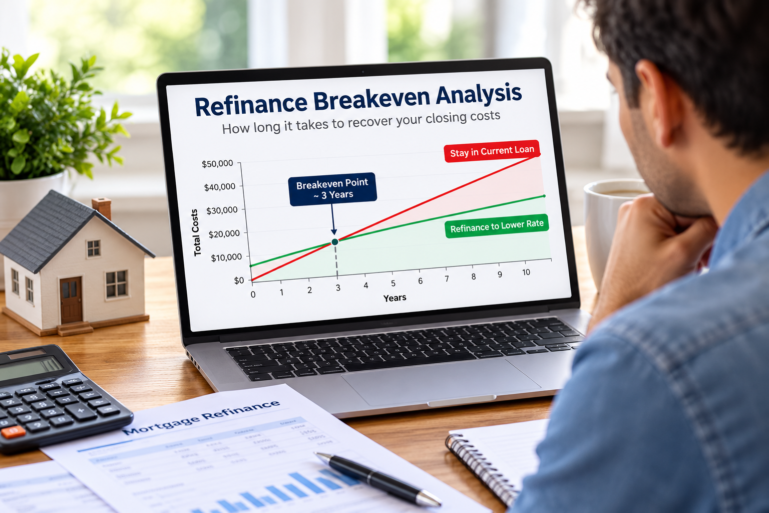 A graph showing the break-even point where refinance savings overtake costs
