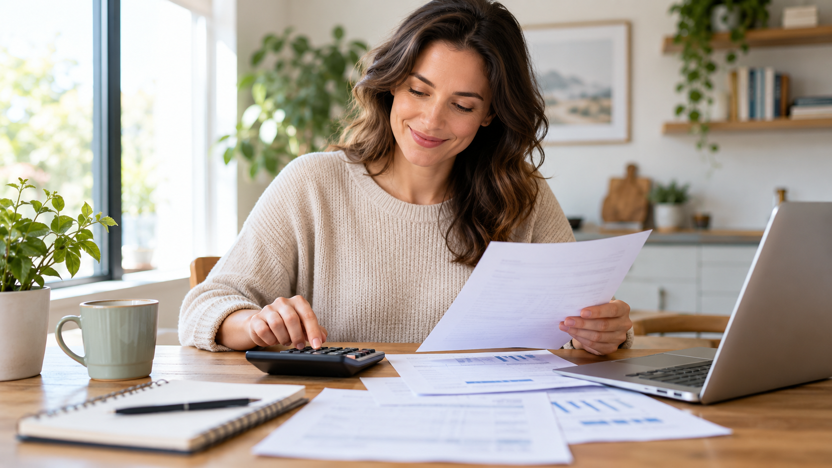 A homeowner reviewing mortgage documents at a desk with a calculator