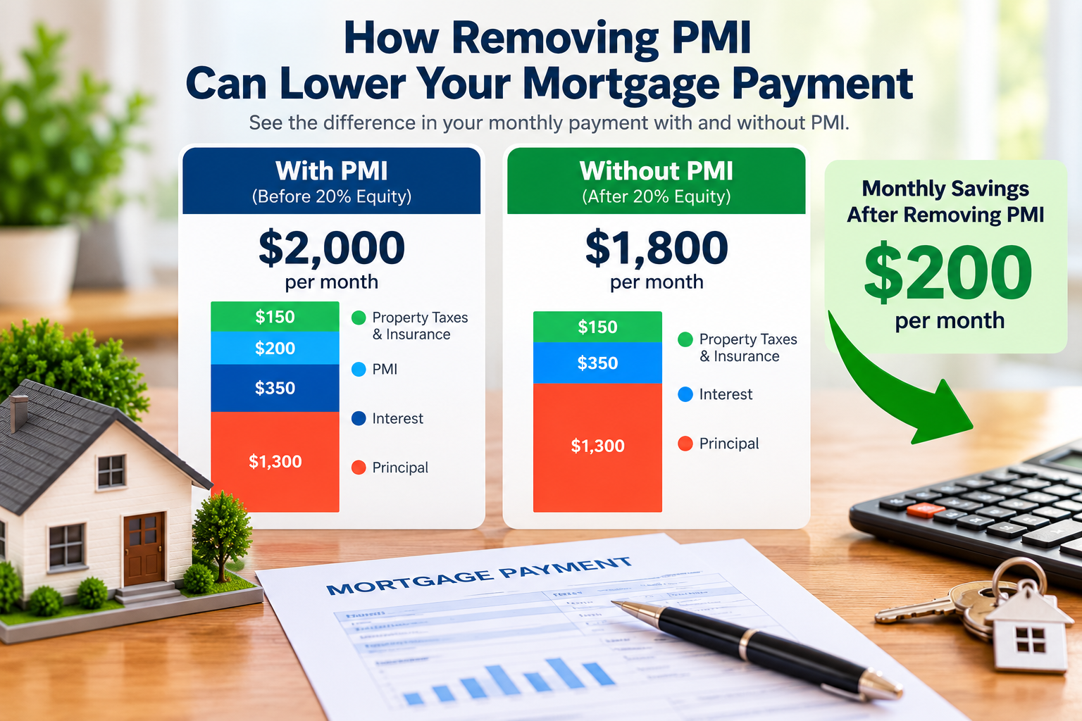 A chart showing how a mortgage payment drops after removing PMI